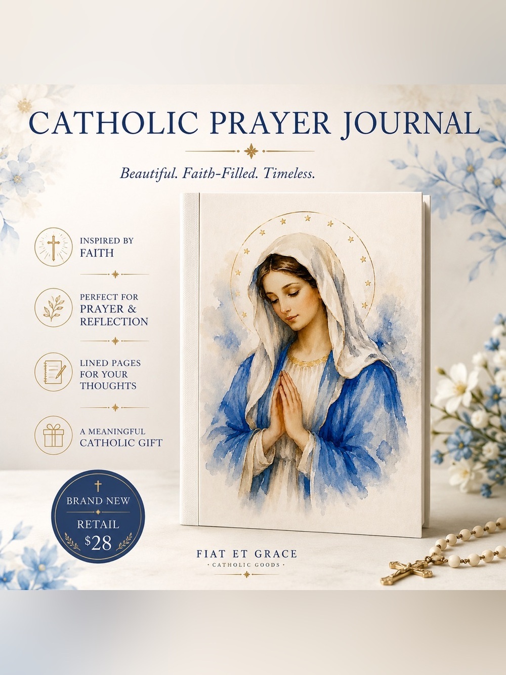 Custom Catholic Prayer Journal – Blessed Virgin Mary Cover – Fiat et Grace – New